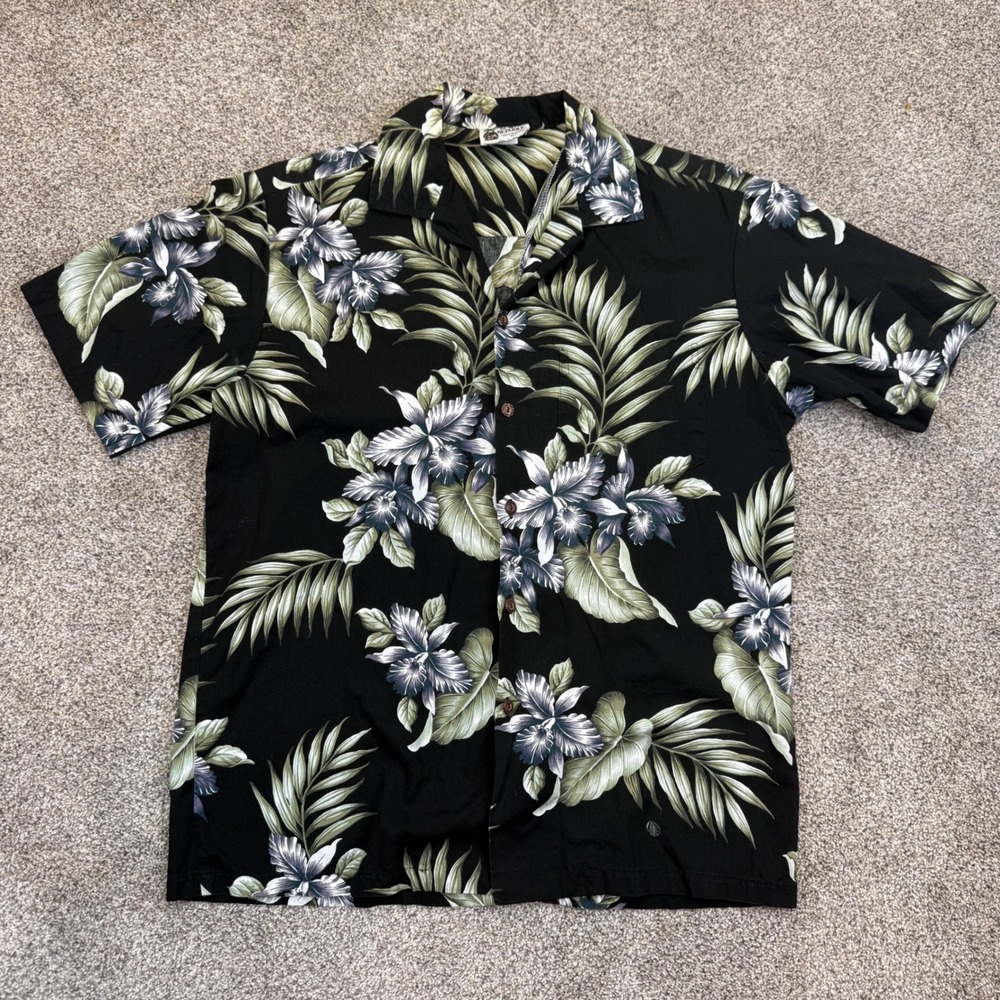 Vintage Aloha Republic Mens Black Floral Palm Leaf Made in Hawaii 100% Cotton